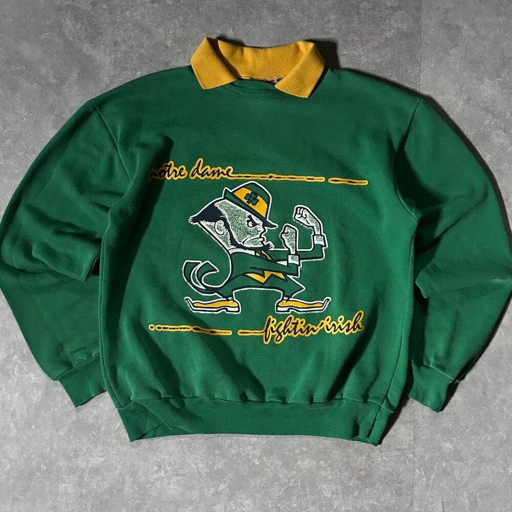 80's Vintage Notre Dame Fighting Irish Green Collared Crewneck -M